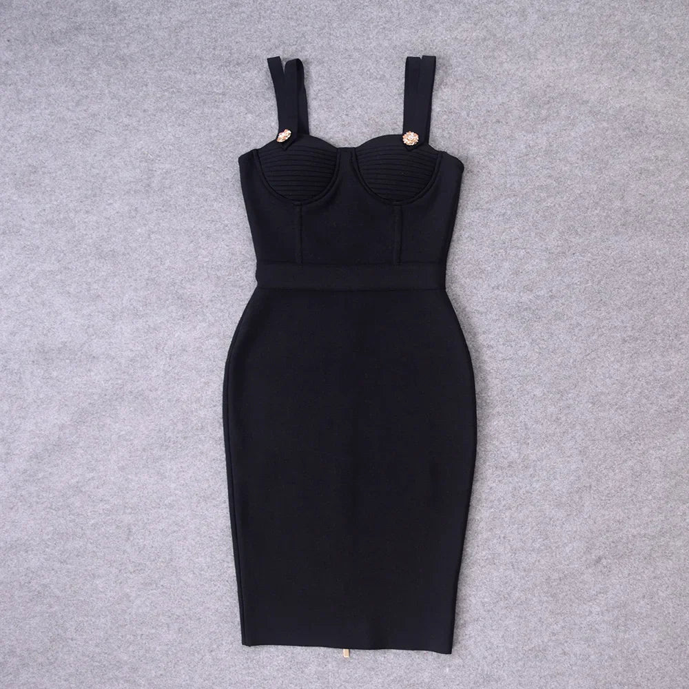 Women Summer Fashion Sexy V Neck Backless Button Red Black White Bodycon Bandage Dress 2022 Designer Evening Party Dress Vestido black