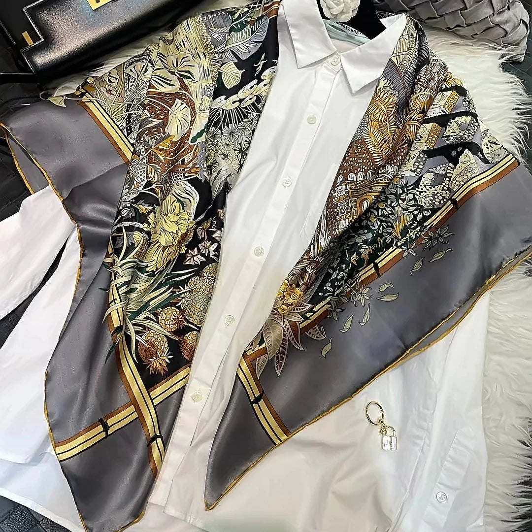 Coffee Gold 100% Mulberry Silk Women's Scarf Bandana Fashion Plaisley Style Square Scarves Hijabs Winter Brand Headscarf Foulard grey