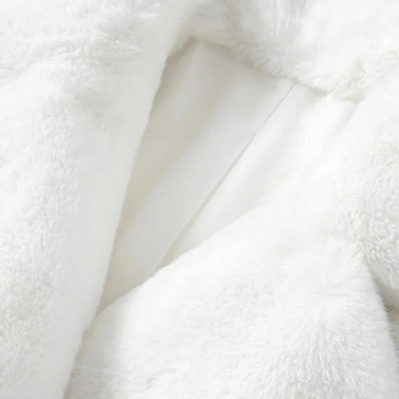 Winter Warm White Faux Fur Coat Women Long Sleeve Lapel Double Breasted Luxury Elegant Fluffy Fake Rabbit Fur Blazers