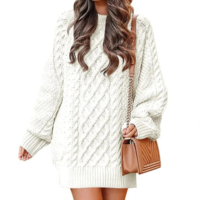 13 Colors Women Crewneck Long Sleeve Oversized Tops Cable Knit Chunky Pullove Thick Autumn and Winter Sweater Dresses White