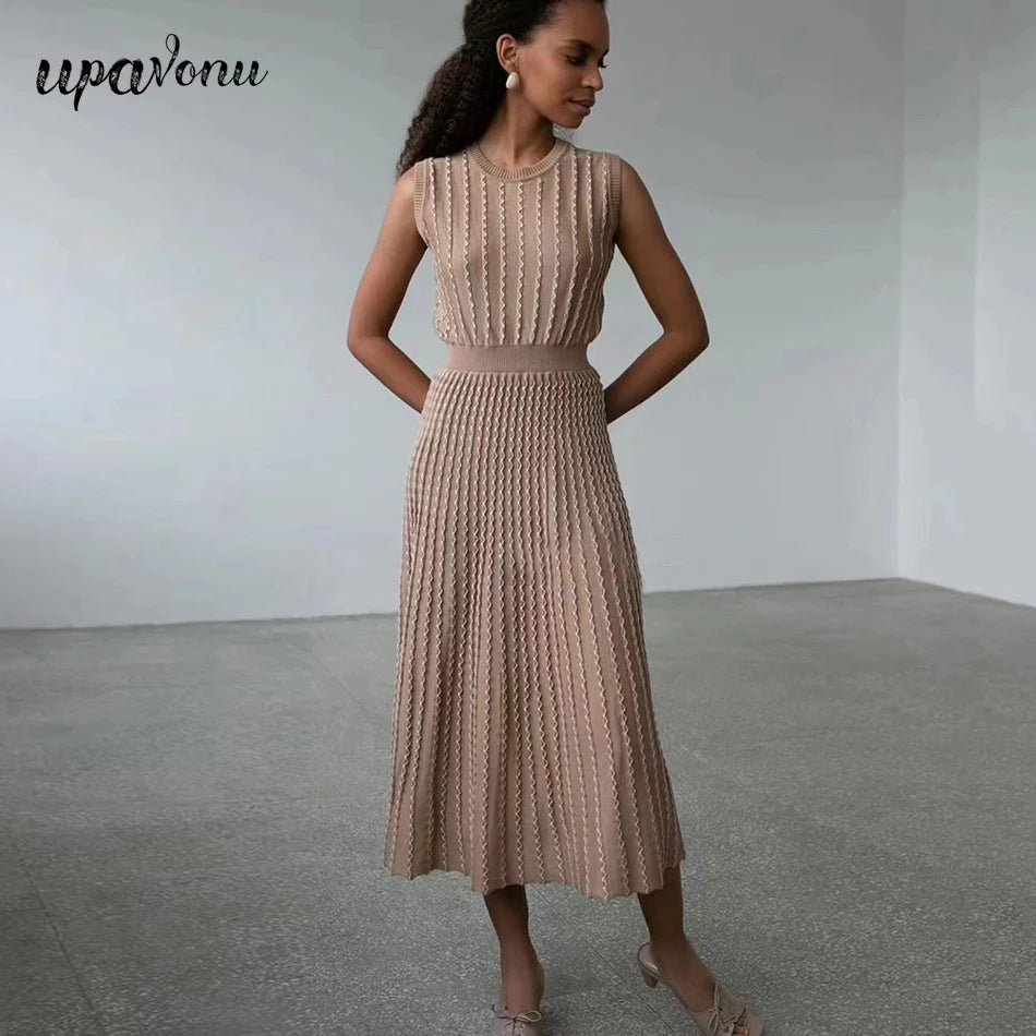 2024 New Listing Elegant Striped Knit Dress Women O-neck Sleeveless A-line Dresses Club Evening Party Midi Vestido