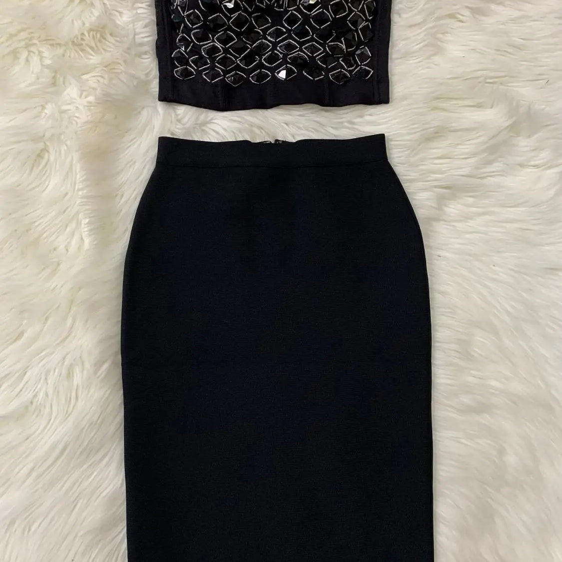 Red Mantual Beading Two Pieces Set Rayon Bandage Elegant Club Party Dress black