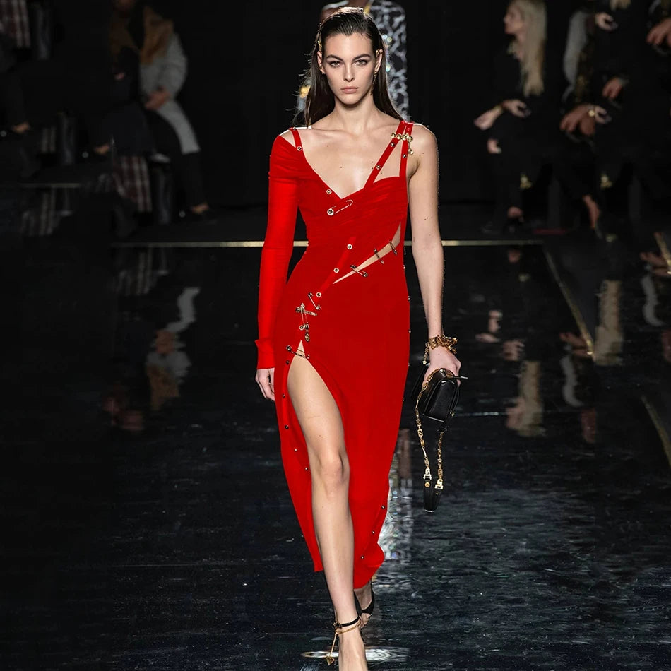 2021 New Women's Black Long Sleeve One Shoulder Open Fork Rayon Bandage Dress Party Bodycon Long Dress Vestidos