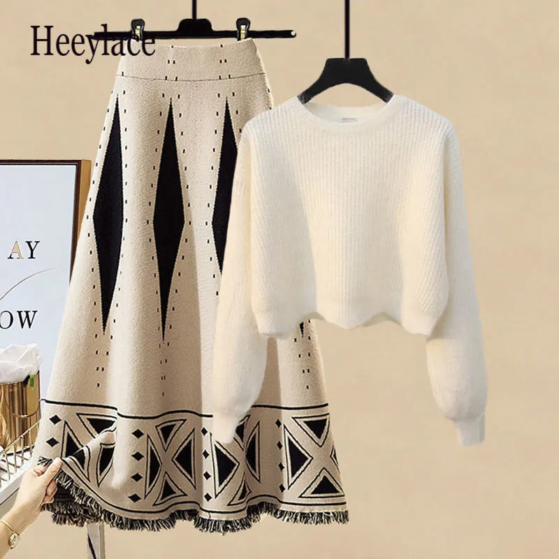 " Kvinnor Autumn Winter Warm Knitted Two Pieces Sets Korean Long Sleeve Pullover Sweater Top And High Waist Skirts Sets