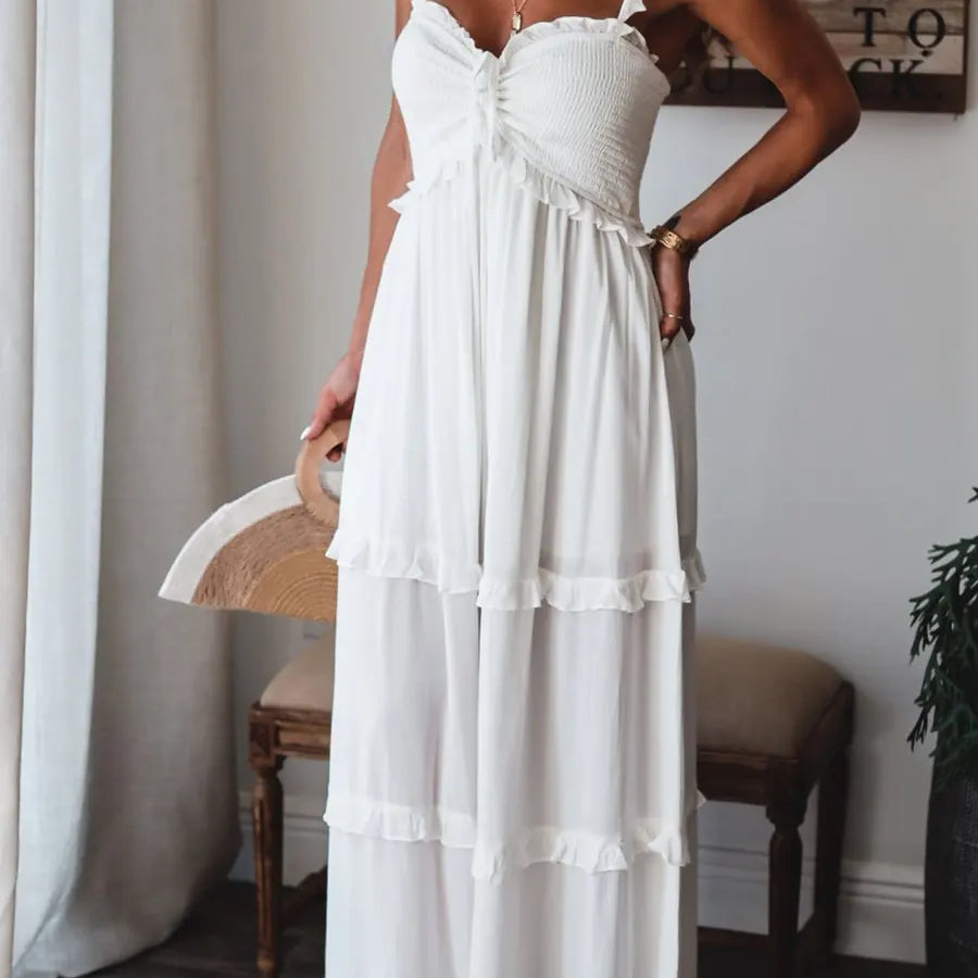 Summer Solid Tunic Women Maxi Dress V Neck Female Elegant Ruffles Party Long Dresses Beach Spaghetti Strap Casual Sundress