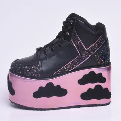 Colorful clouds Platform Shoes For Woman Punk Style Lace-up High Heel Wedges Shoes Sweet Women Ankle Boots For Mujer Shoes 2025 black