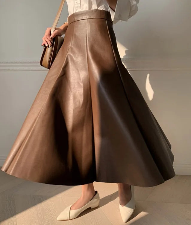 Neophil Chic Ladies Latex Flare Black Skirts Vintage Pu Faux Leather Ball Gown Long Skirt Thick Party A-Line Swing Faldas S21836 Brown