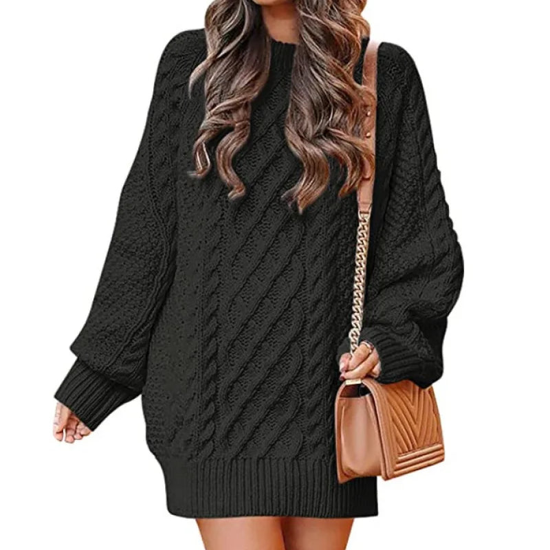 13 Colors Women Crewneck Long Sleeve Oversized Tops Cable Knit Chunky Pullove Thick Autumn and Winter Sweater Dresses Black