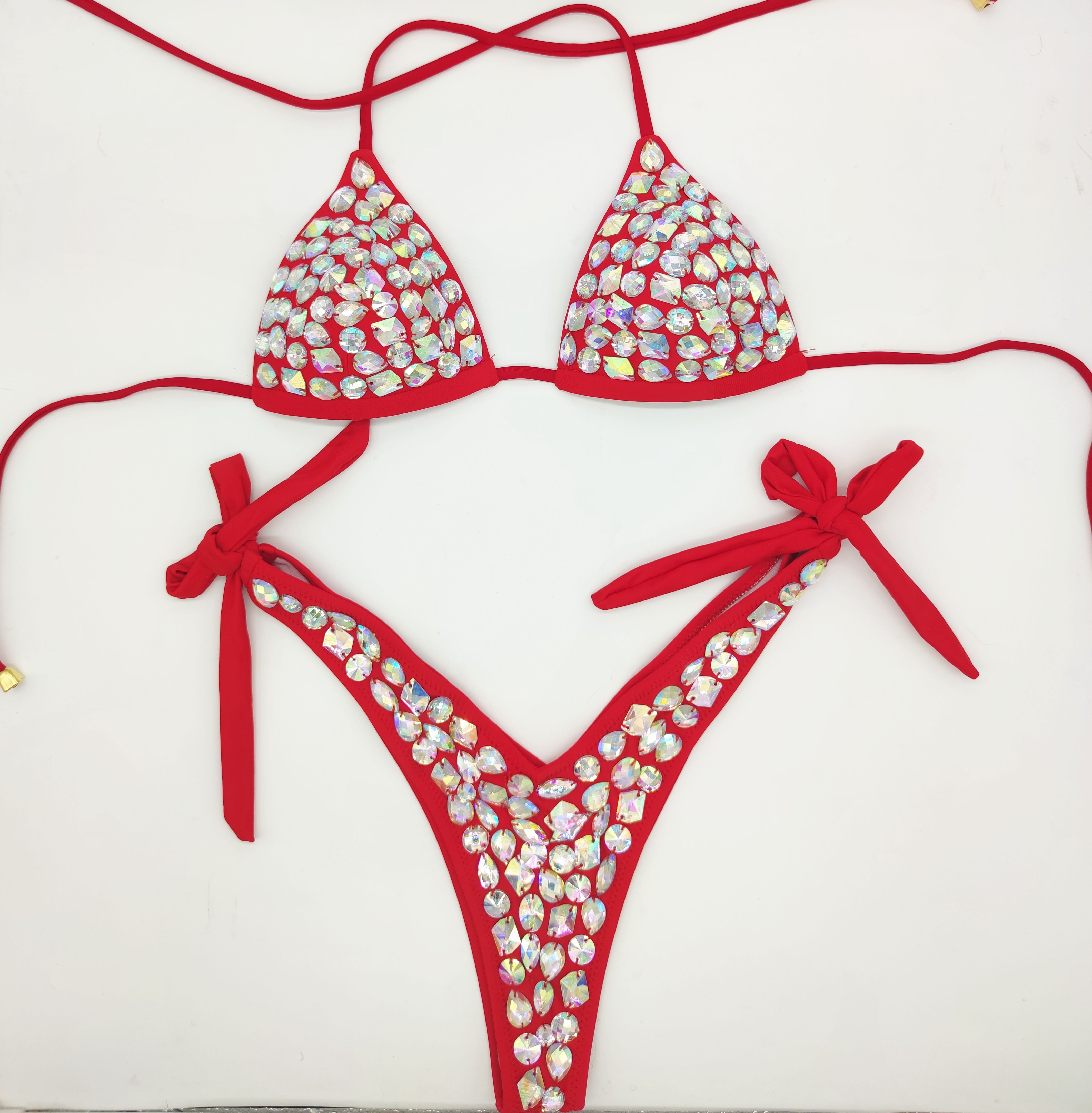 Rhinestone Triangle Bikini Sexy Push Up Women's Swimwear Crystal Diamond Halter Bandage Thong Biquine Swimsuit Red