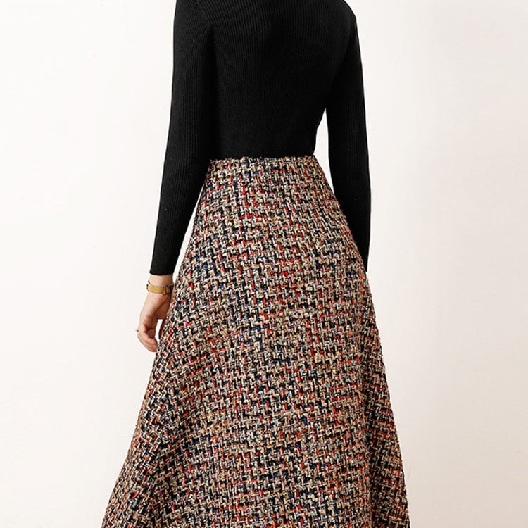 Women's Fashion Autumn Winter 2 Piece Dress Set Female Party Outfits Black Sweater Top and Long Tweed Woolen Skirt Suit Twinset