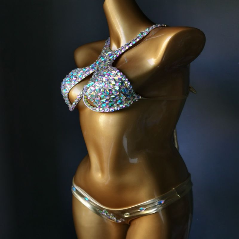 Sexy Halter Crystal Diamond Bikini Luxury Rhinestone Women's Swimsuit Push Up Gathered Swimwear Biquini