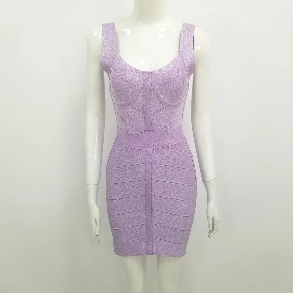 Purple Bright Bodycon Sexy Fashion Rayon Bandage Dress Cute Evening Party Dress Vestidos