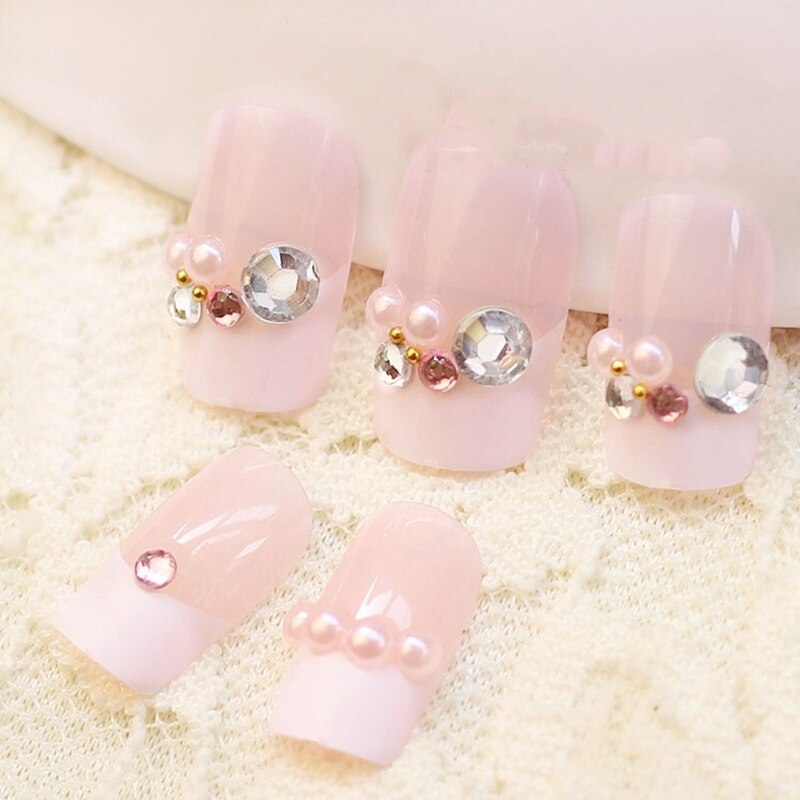 24pcs False Nails Floral Beads Decorated Artificial Nail Tips Bride Reusable Fingernails Fake Nail Press On Nail накладные ногти 14