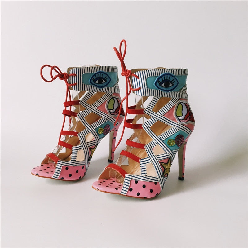 Women Summer Sandals Colorful Embroider High Heels Sandalias Fashion Zapatos Mujer Lace Up Pumps Prom Booties pink