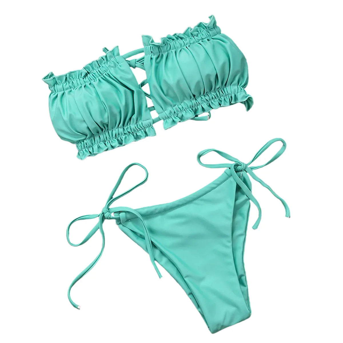 Push Up Padded Women Swimwear Bathing Suit Hirigin Sexy Straples Ruffles Bandage Women Bikini Set Pure Color Summer wear green