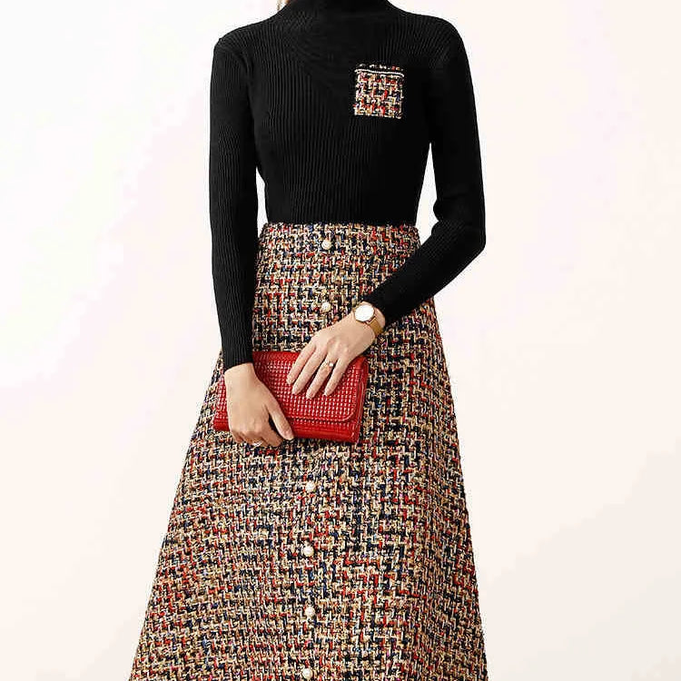 Women's Fashion Autumn Winter 2 Piece Dress Set Female Party Outfits Black Sweater Top and Long Tweed Woolen Skirt Suit Twinset
