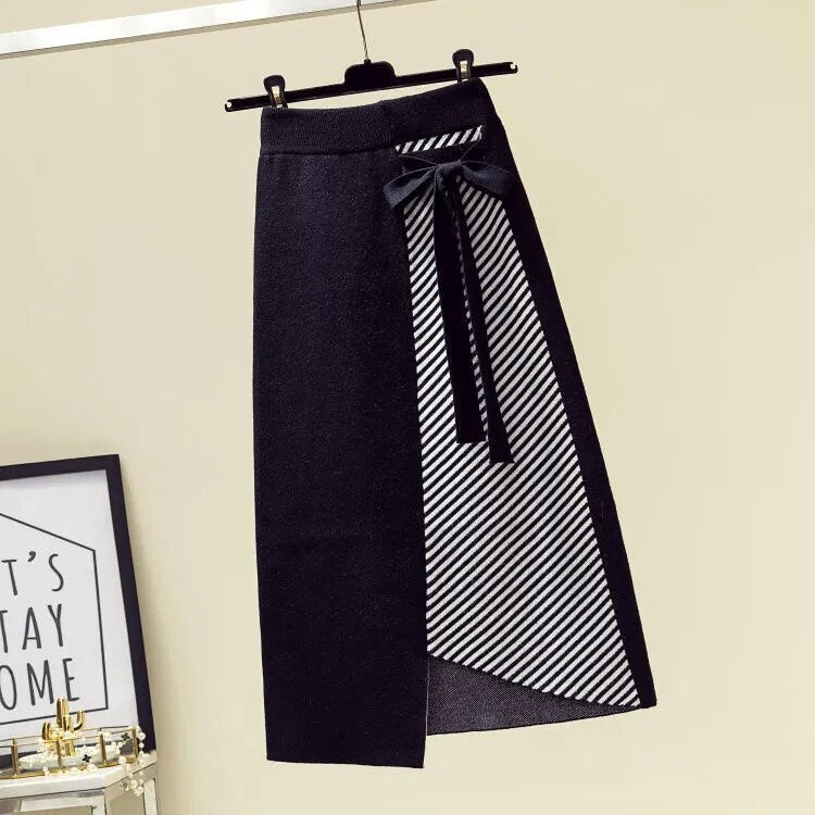 Women Autumn Winter Warm Knitted Two Pieces Sets Korean Long Sleeve Pullover Sweater Top And High Waist Skirts Sets