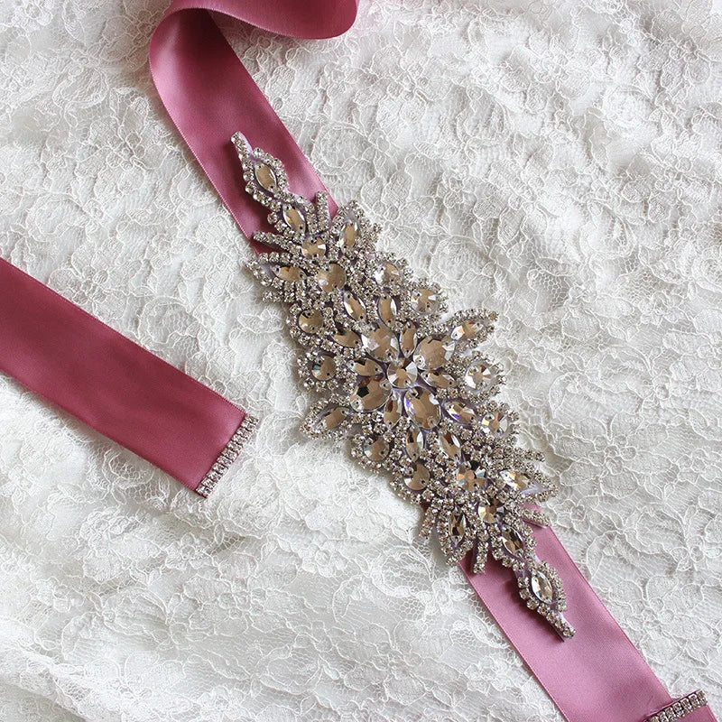bride belt high-end luxury rhinestone bride satin belt ladies satin belt wedding dress and dress accessories purple red One Size