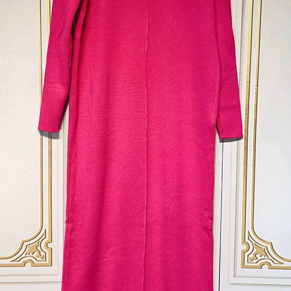 2024 Casual Midi Knit Dress Women's O-neck Long Sleeve Split Straight Dresses 2023 New Autumn Pure Color Knit Vestidos Rose Red