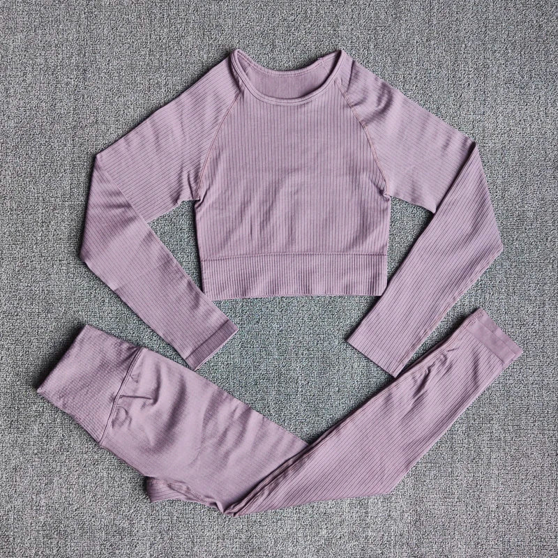 Women's Sportswear Yoga Set Workout Clothes Athletic Wear Sports Gym Legging Seamless Fitness Bra Crop Top Long Sleeve Yoga Suit DarkPurple