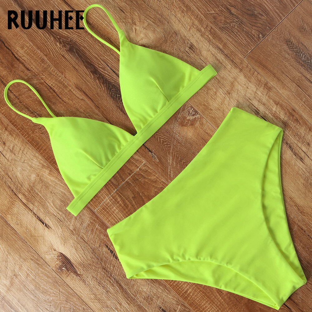 RUUHEE 2024 Bikini Swimwear Swimsuit Women Solid Bathing Suit Green Neno Bikini Set With Pad Female High Waist Beachwear Biquini B3393FG