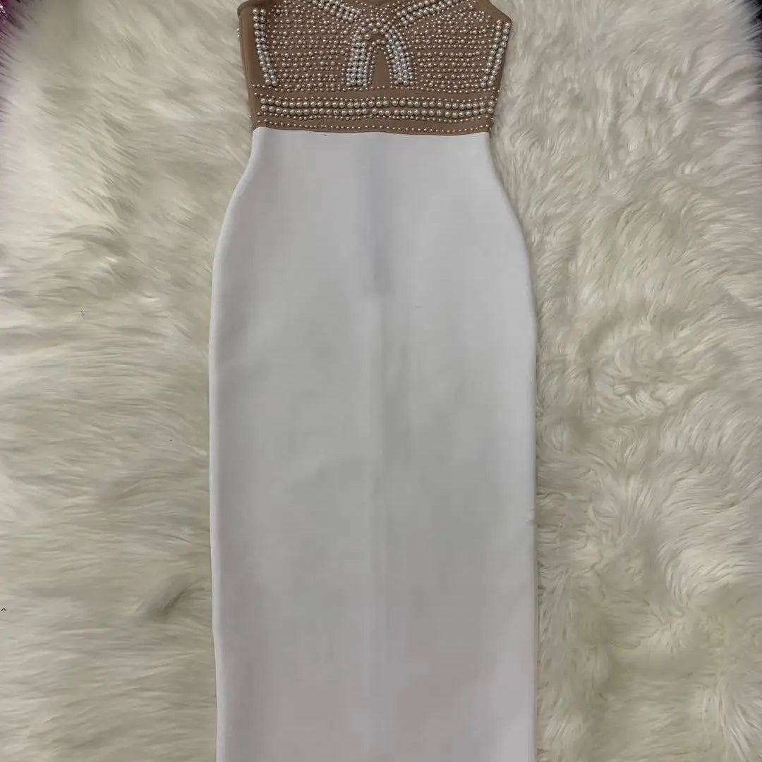 Top Quality High Street White Black Sexy Off Shoulder Sleeveless Beading Shining Knee Length Bandage Dress 2021 Celebrity Party