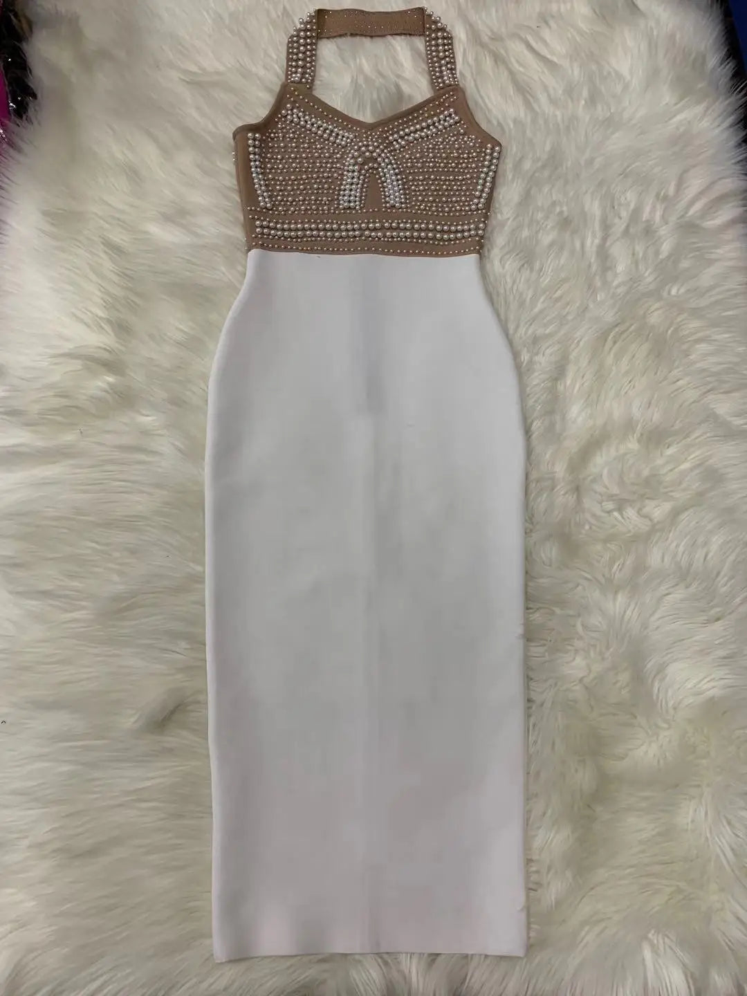 Top Quality High Street White Black Sexy Off Shoulder Sleeveless Beading Shining Knee Length Bandage Dress 2021 Celebrity Party