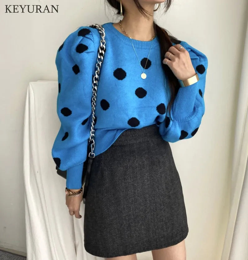 Korean Chic Puff Sleeve Sweater Women Stylish Autumn Winter Polka Dot Pullover Sweater Women's Knitwear Jumper Tops Lady Blue One Size