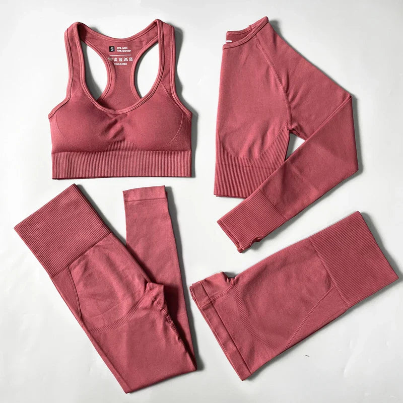 2/3/4PCS Seamless Women Yoga Set Workout Sportswear Gym Clothes Fitness Long Sleeve Crop Top High Waist Leggings Sports Suit 4pcs Set Red