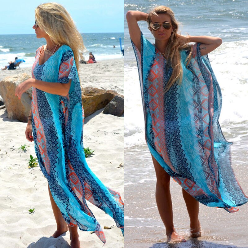 Summer Printing Beach Dress Bathing Suit Cover Ups Sundress Sarong Bikini Long Robe Pareo Tunic Capes Kaftan Coverup