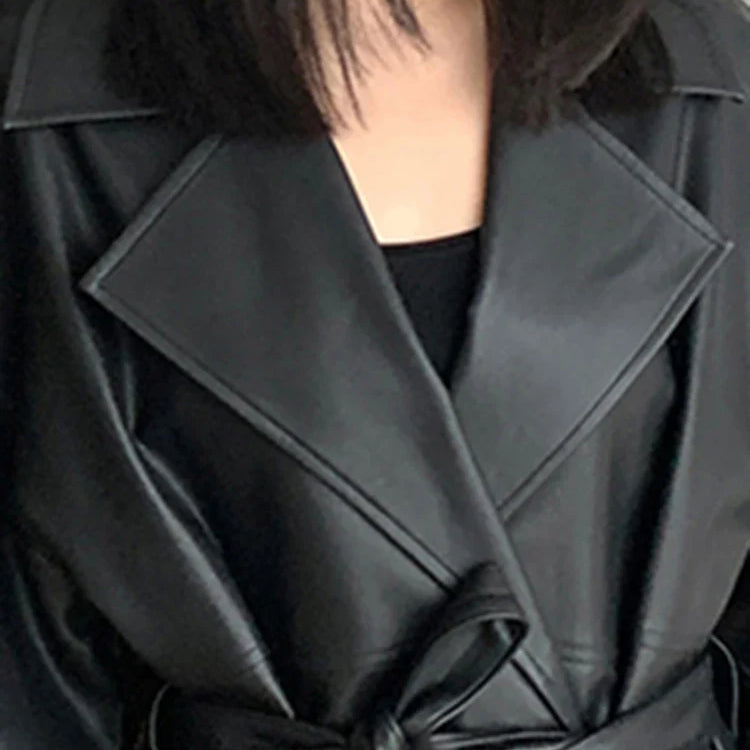 Lautaro-Long Black Leather Trench Coat for Women, Oversized Sashes, Single Button, Loose Stylish, Korean Fashion, Spring