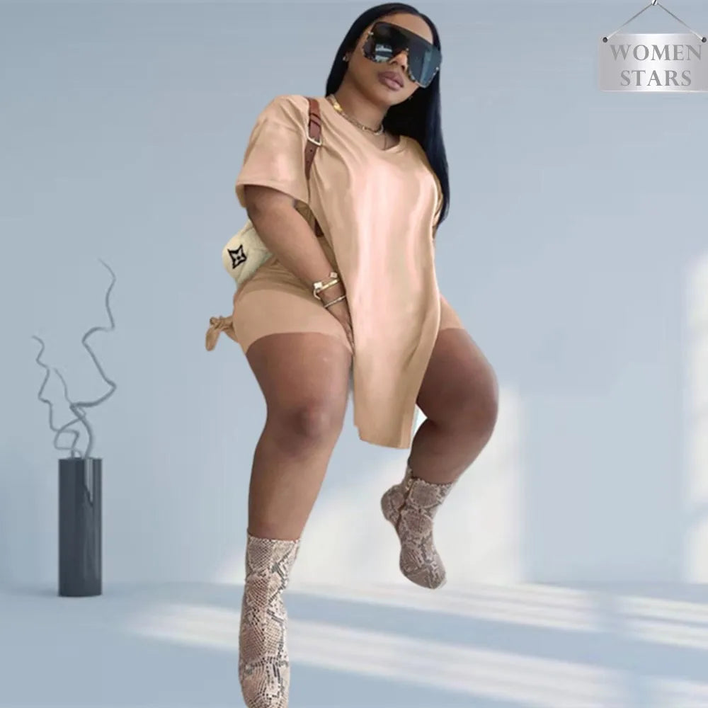 Plus Size Women Clothing Two Piece Set 4xl Summer Wholesale Dropshipping Slip HemTop Shorts Suit Casual Tracksuit Streetwear