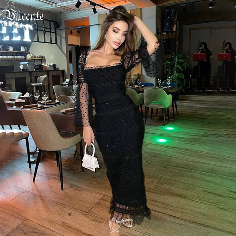 Dress Women Polka Dot Draped Mesh Sequined Mesh Long-sleeved Square Neck Halter Black Mid-length Bandage Midi Dress Gown