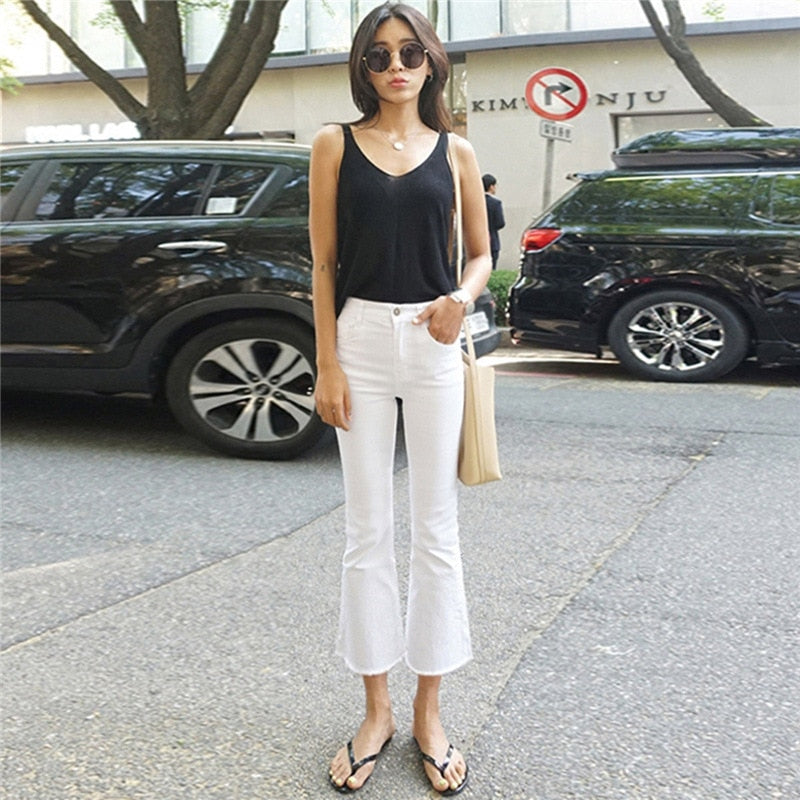 Solid White Stretch Women Jeans Street Wear Flare Denim Pants Boyfriend Fashion Jeans Capri Trousers Ankle length White