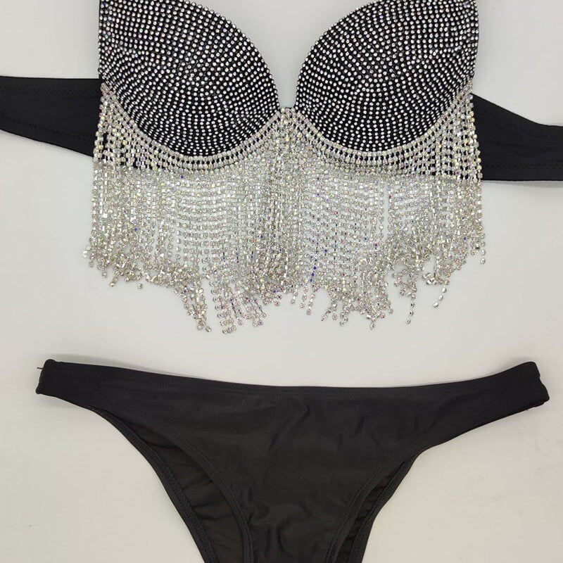 Sexy Women's Swimwear Rhinestone Bikini Crystal Diamond Push Up Swimsuit Tassels Jewelry Bathing Suits Black