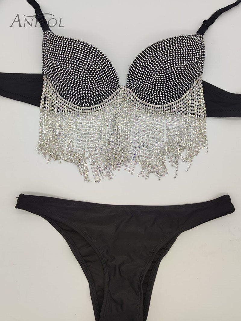 Sexy Women's Swimwear Rhinestone Bikini Crystal Diamond Push Up Swimsuit Tassels Jewelry Bathing Suits Black