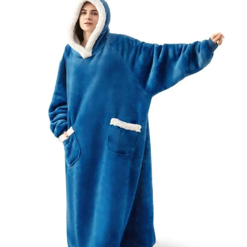 Super Long Flannel Blanket with Sleeves Winter Hoodies Sweatshirt Women Men Pullover Fleece Giant TV Blanket Oversized WF032 Peacock blue