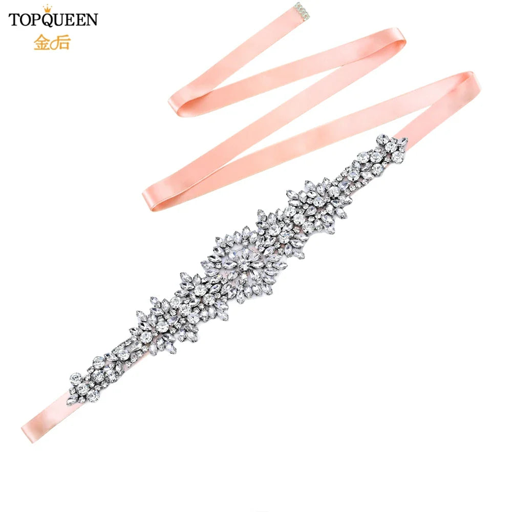 TOPQUEEN S319 Rhinestones Wedding Belt Sparkly Bride Dress Decorative Sash with Stone Jeweled Satin Ribbons Silver Gown Applique Vintage pink