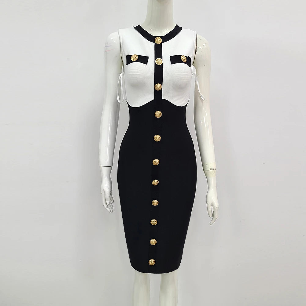 2024 New Black White Button Beading Bodycon Two Pieces Rayon Bandage Dress Set Elegant Evening Party Set