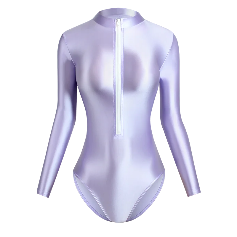 Satin Shiny Japanese Women's Sexy Body Suits Front Zipper Long Sleeve Tight Glossy Silky High Cut One Piece Swimsuit Plus Size