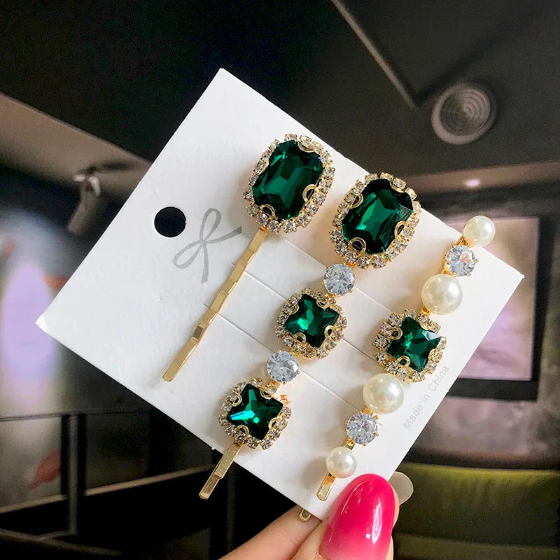 Set Women Hair Clips Jewelry Fashion Crystal Hair Accessories For Girls Luxury Pearl Geometric Barrettes Pins Christmas Gift 3pcs-dark green