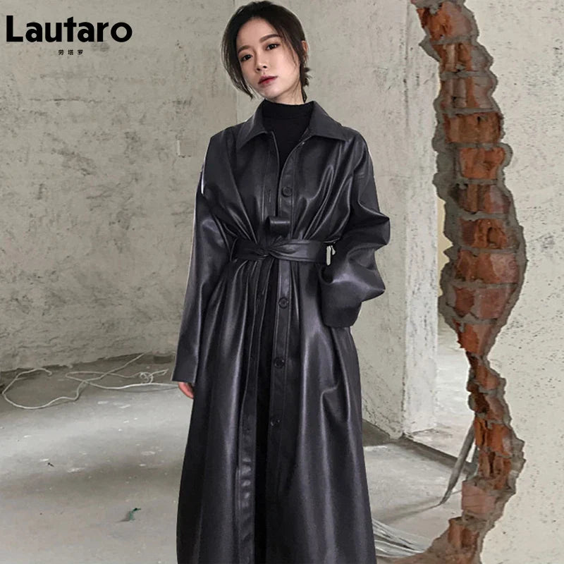 Autumn Long Black Cool PU Leather Trench Coat for Women Belt Single Breasted Loose Korean Fashion Wholesale Clothes 2022