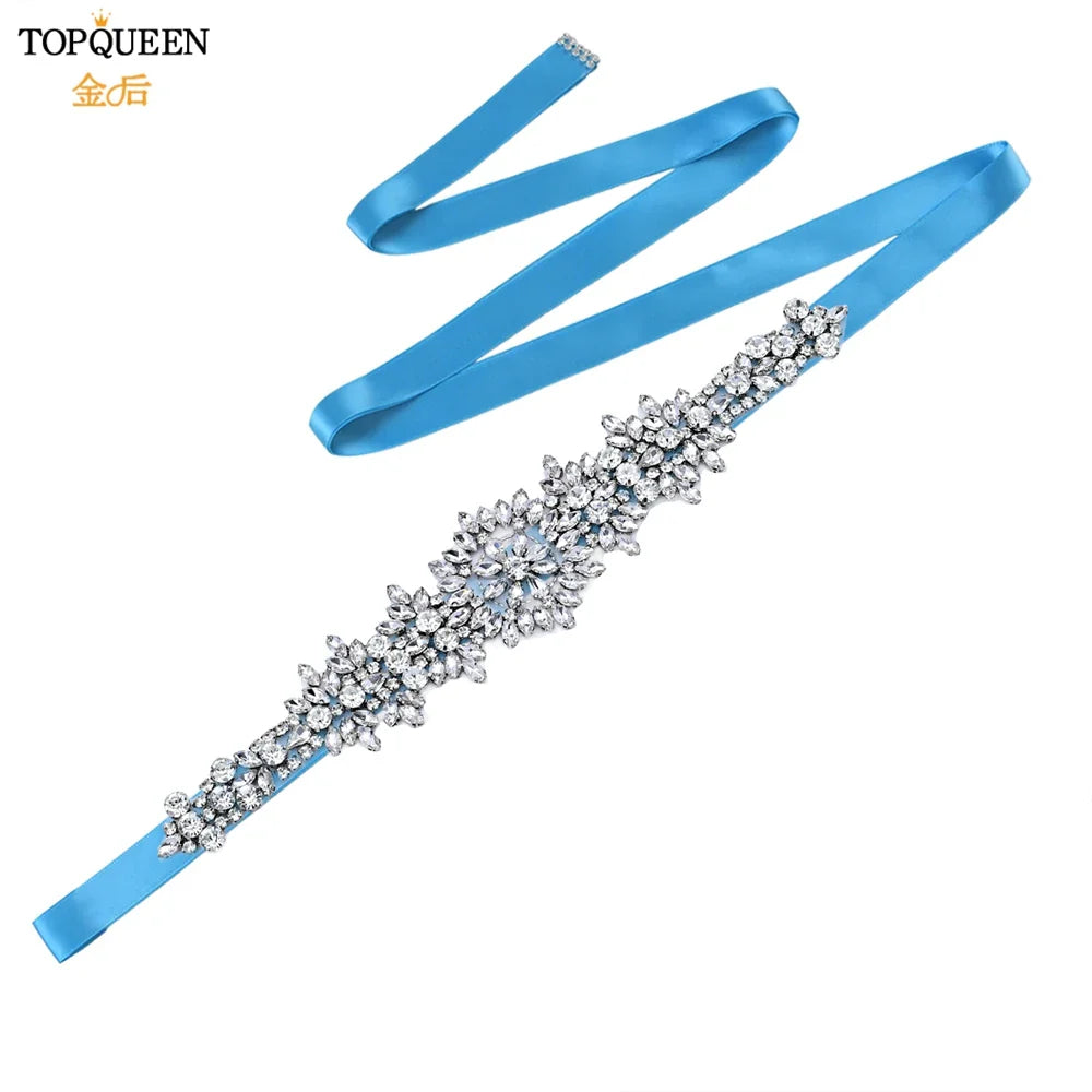 TOPQUEEN S319 Rhinestones Wedding Belt Sparkly Bride Dress Decorative Sash with Stone Jeweled Satin Ribbons Silver Gown Applique Blue ribbon
