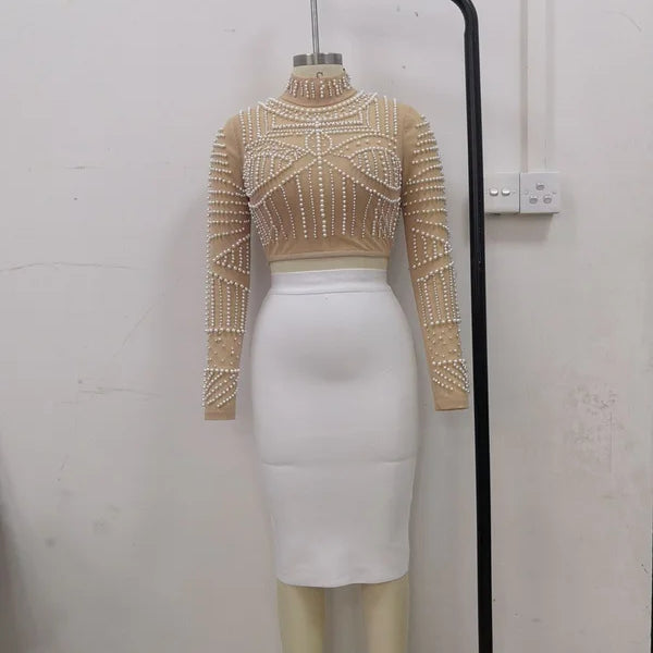 Black Pearls Beading Two Pieces Set Rayon Bandage Set Club Party Fashion Outfit Nude Top White Skirt