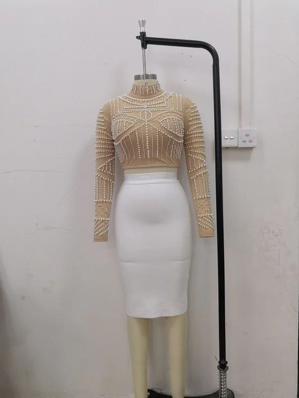 Black Pearls Beading Two Pieces Set Rayon Bandage Set Club Party Fashion Outfit Nude Top White Skirt