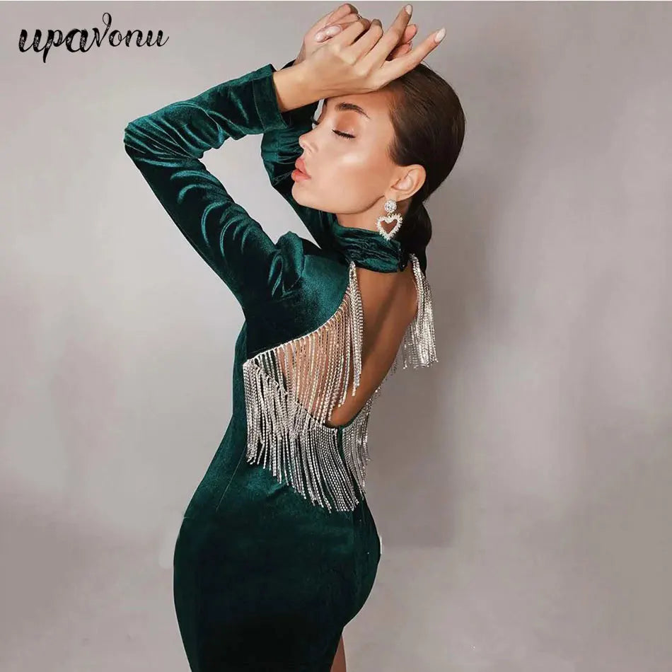 2024 Black Green Sexy Fashion Backless Diamonds Tassel Rayon Velvet Dress Evening Party Dresses Vestidos