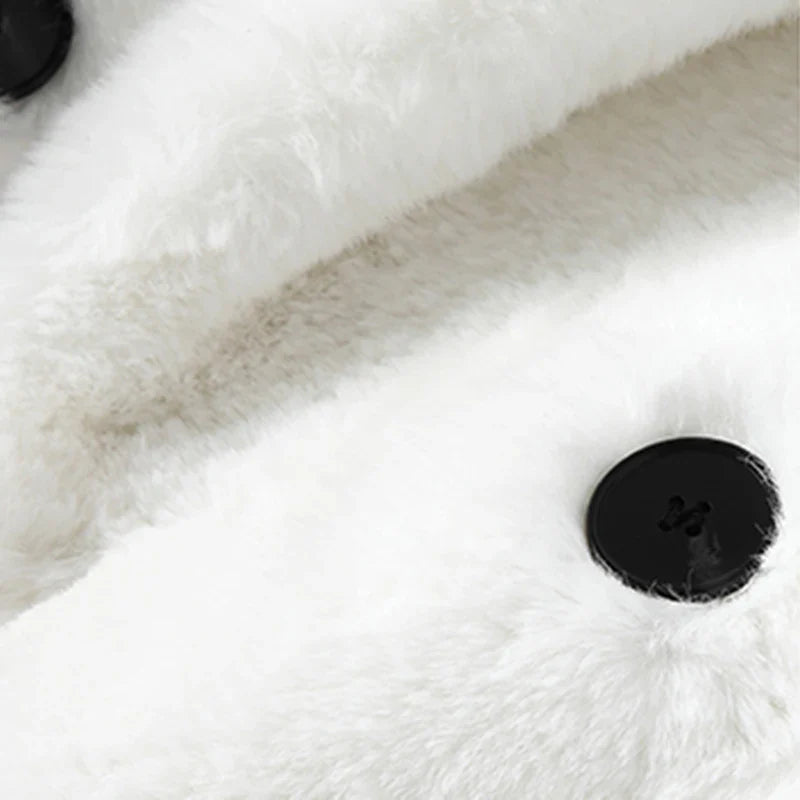 Winter Warm White Faux Fur Coat Women Long Sleeve Lapel Double Breasted Luxury Elegant Fluffy Fake Rabbit Fur Blazers