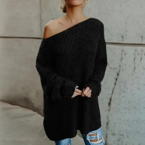 Women's Sweater Fashion Solid Color Sloping Shoulder Plush Jumper Loose Casual Knitted Sweater Top Oversized Sweater for Women black
