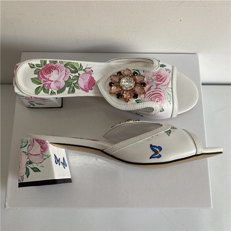 Print Butterfly-Flower Real Leather Sandals Women 10cm Square High Heel Open Toe Slingbacks Rhinestone Runway Mules 6cm Heel