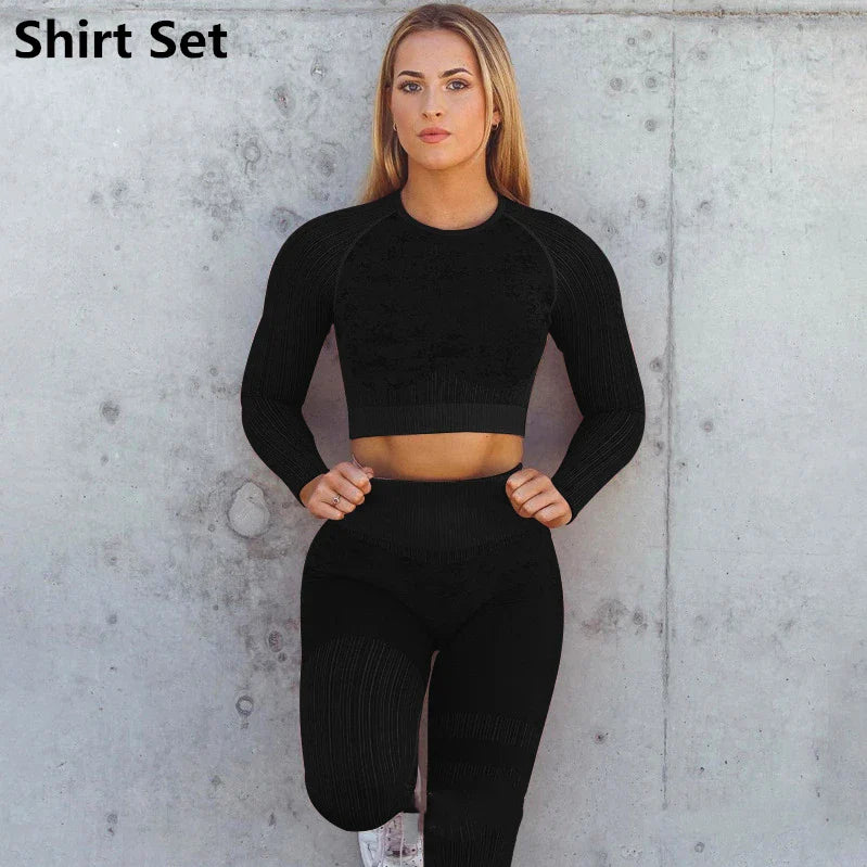Rid Seamless Yoga Set Women 2pcs Two Piece Long Sleeve Crop Top T-Shirt Leggings Outfit Clothes Gym Wear Fitness Suit Sport Sets Black Set